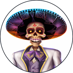 Team avatar of a skeleton with a big hat in black and purple dressed in a grey suit