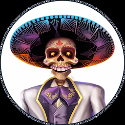Team avatar of a skeleton with a big hat in black and purple dressed in a grey suit