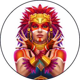 Drawing of a shaman coloured in red and yellow used as a team avatar at Amusnet